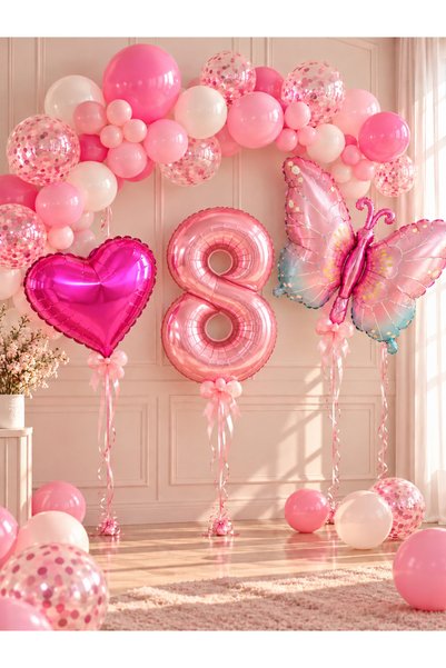 ALYA Party 8 Years Old Pink Butterfly Themed Birthday Balloon Set with Heart ...