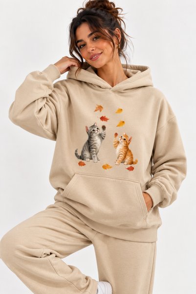 ENB1R MODA Cat Print Sweatshirt – Cute Cat and Autumn Leaves Pattern Casual O...