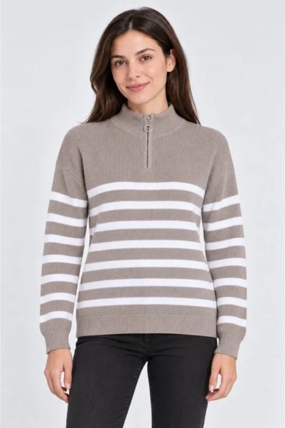 Generic Brand High neck half zippered striped thessaloniki knitwear sweater - beige