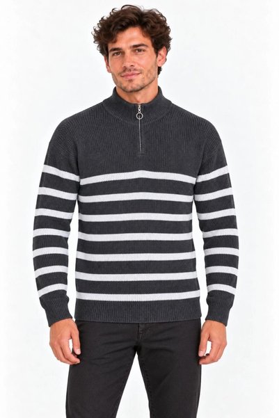 Generic Brand Men's stand collar half zippered striped thessaloniki knitwear ...