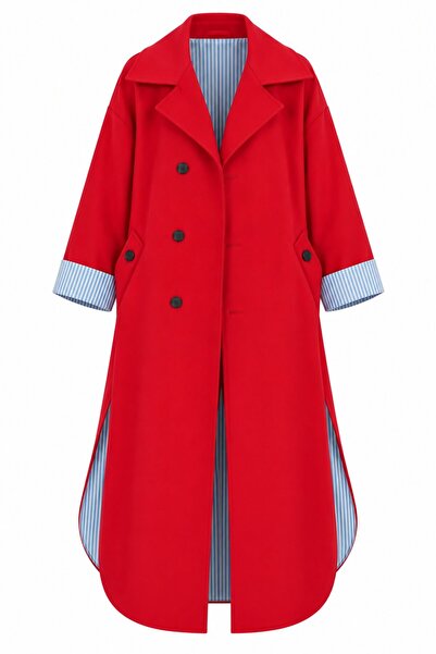 Laluvia Red Striped Lining Detailed Side Slit Trench Coat - 4273