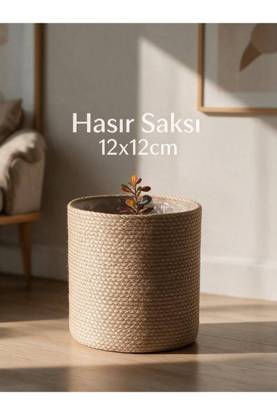 HOLLYHOME Hasır Saksı 12 cm - İçi Su Sızdırmaz Poşetli Doğal Örgü Hasır Sepet...