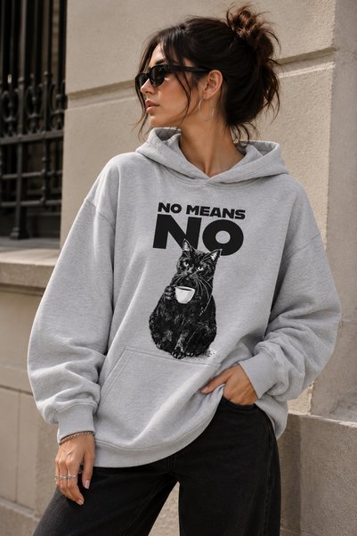ENB1R MODA سويت شيرت نسائي كبير الحجم بقلنسوة مطبوع عليه قطة بطباعة No Means ...