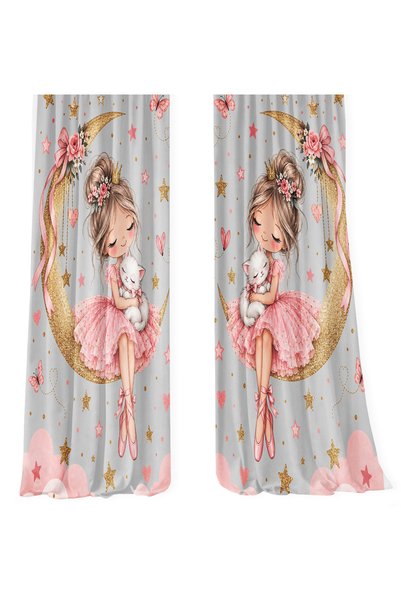 Bebişim Halı Gray Floor Moon Princess and Cat Pattern Double Winged Background Curtain