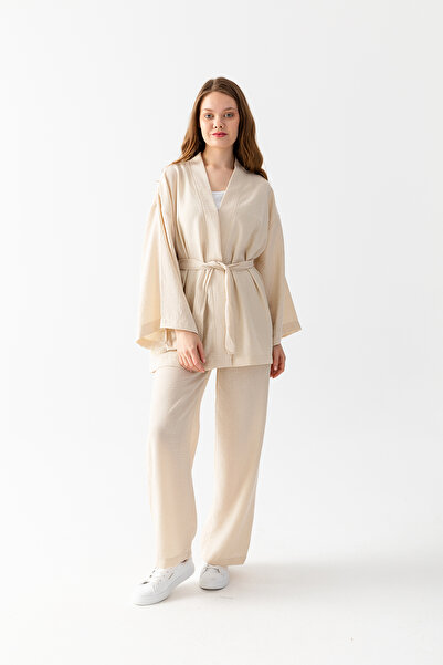 lacelove Zen Elegance Women's Kimono Set - Wide Leg Linen Textured Top and Bo...