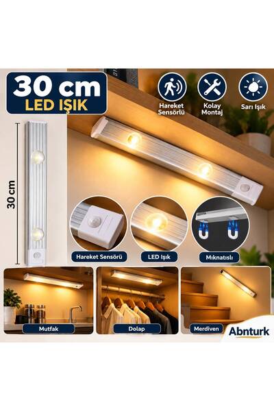 abnturk 30 CM LED Hareket Sensörlü Işık Şarjlı Kablosuz Gece Lambası Mıknatıs...