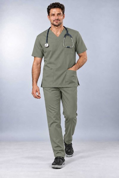 EMİR MEDİKAL (E-Flex) Olive Green Lycra Men's Non-Ironing Fake Sleeve Nurse and Doctor Uniform Set Scrubs Hospital Uniform