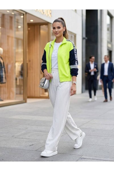 MILL FASHION Kadın Neon Yeşil Lacivert Reflektör Şerit Detaylı Fermuarlı İki ...