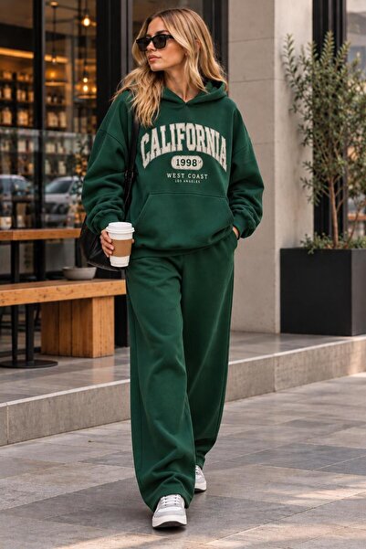 trendgar Green Hooded California Printed Sweatshirt/Wide Leg Sweatpants Set
