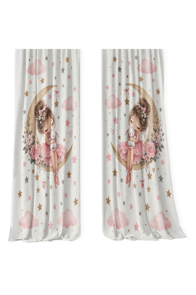 Bebişim Halı Princess Rabbit on the Moon Double Winged Background Curtain with Flower and Star Pattern