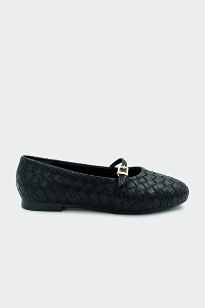 LAMİNTA Ferrero Quilted Detailed Women's Leather Black Ballerinas