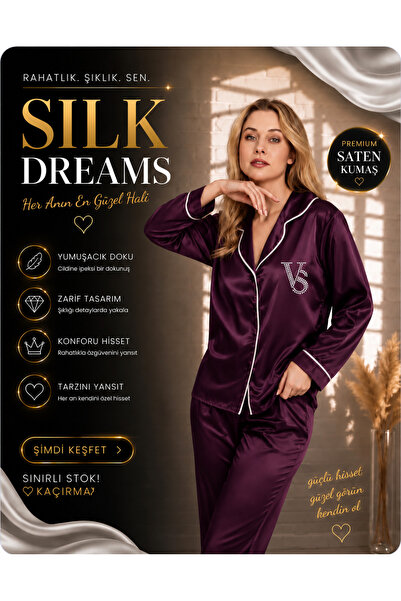 VİP SECRET Silky Satin Long-Sleeved Women's Pajama Set with Piping
