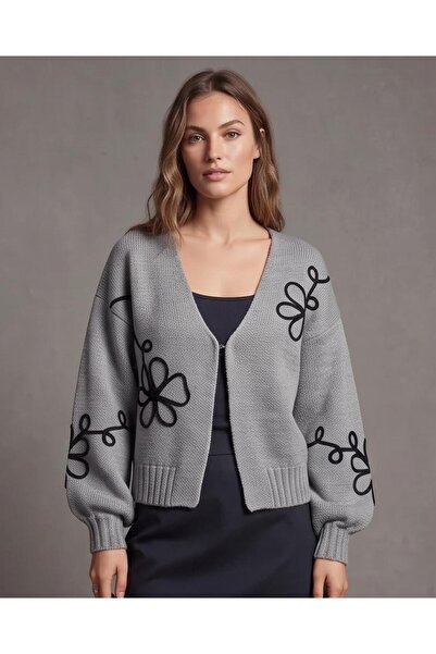 Trend Kapında Cardigan tricotat cu motive florale
