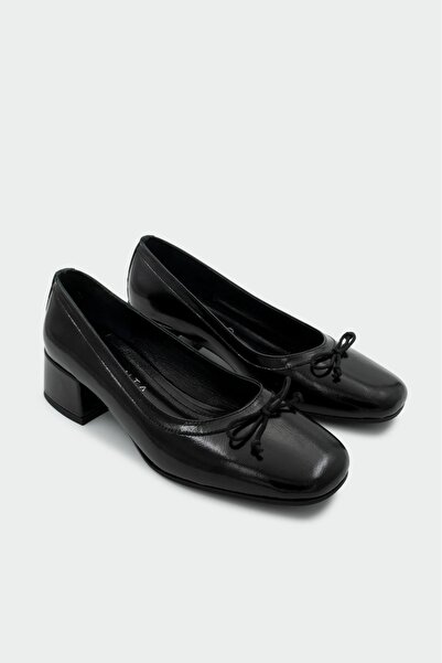 LAMİNTA Diels Black Women's Genuine Leather Bowknot Thick Heeled Shoes