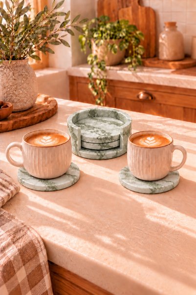 Zigzag Home Decorative Concrete Green Marble Patterned 4-Piece Coaster Set with Stand Bohemian Style Coasters