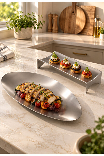 Cornella Set of 2 Stainless Steel Oval Serving Plates Silver