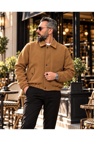 higo Likya Men's Cashmere Bomber Coat Quilted Lined College Collar