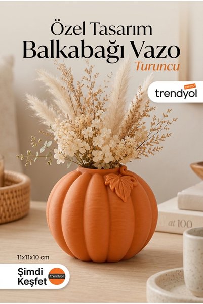 Jüjü Design Fiyonk Detaylı Balkabağı Formlu Dekoratif Vazo 11x10 cm Kuru Çiçe...