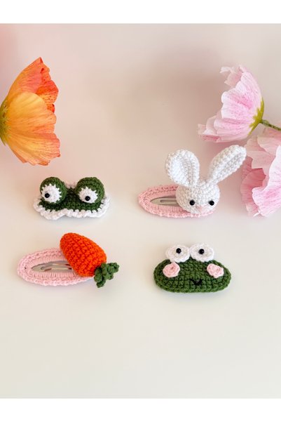 BURÇİN AKSESUAR 4-Piece Carrot, Rabbit and Frog Hand Knitted Amigurumi Snap B...