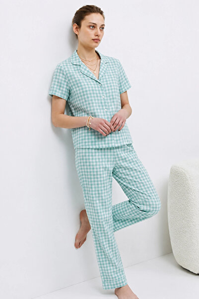 bysocafashion Women's Aqua Green V-Neck Pajama Set with Elastic Waist Closure