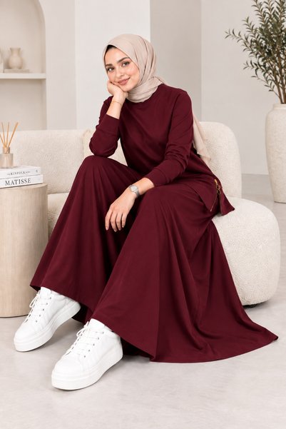 MEYASU Women's Hijab 2-Piece Set Modal Fabric Zipper Detailed Tunic Wide Leg Pants Skirt - Burgundy