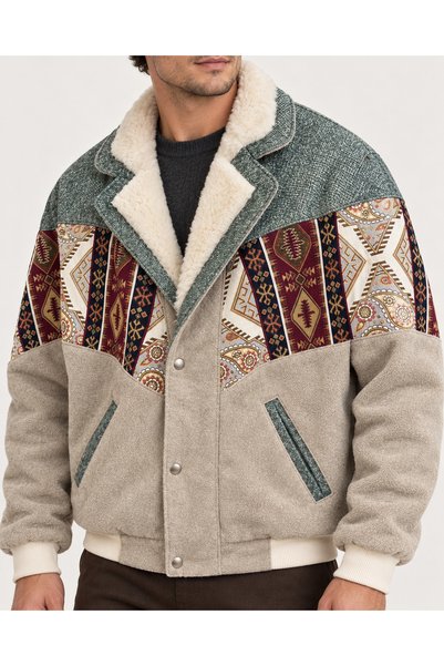 CANMODA (8099) سترة بومبر رجالية بياقة من الفرو وتصميم عتيق مزين بالرقع - مقاس L/XL