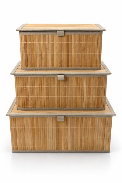 NATUREL DEKOR Bamboo Lid Lined Rectangular 3-Piece Large Size Storage Box and Organizer Set - Bohemian, Basket, Düze