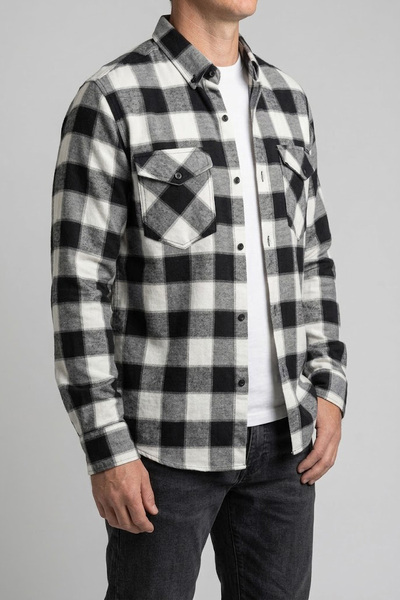 Souris Men's Smoked-Black Slim Fit Plaid Lumberjack Shirt with Thin Flannel Cover and Double Pockets