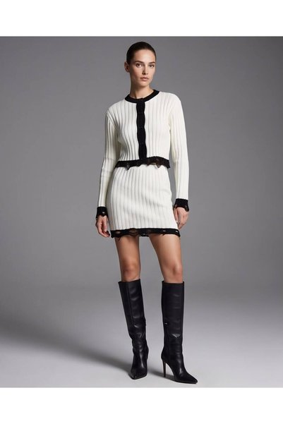 Trend Kapında Women's Ribbed Contrast Trim Buttoned Front Double Knitwear Set