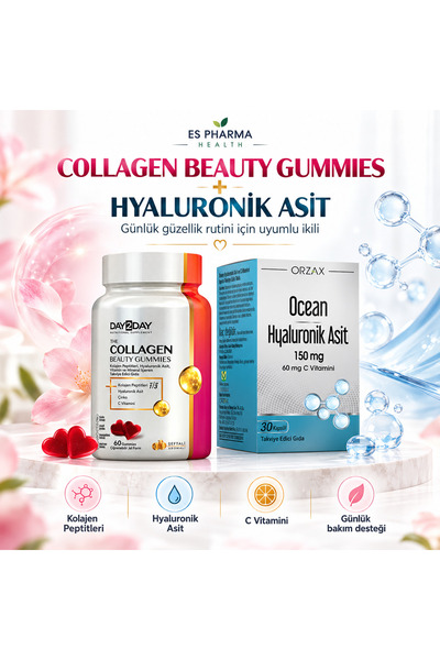 DAY2DAY Collagen Beauty Gummies 60 Adet + Ocean Hyaluronik Asit 150 mg 30 Kap...