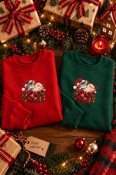 Vordevia Christmas Themed Kitten Printed Crew Neck Red Green Winter Lover's C...