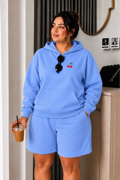 HAI COLLECTİON Unisex Oversize 3 Thread Raster Hooded Sweatshirt Blue Hoodie