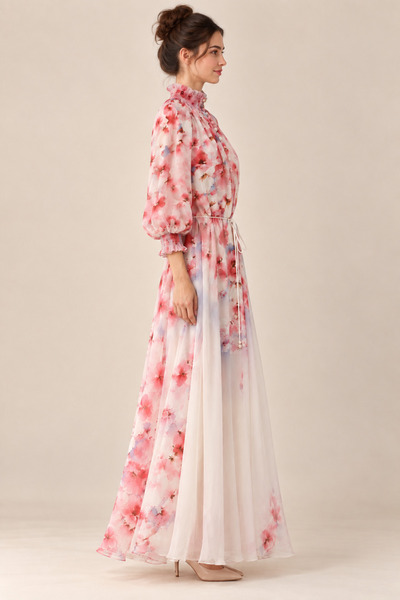 2TRENDY Women's High Neck Floral Print Long Dress with Belted Waist