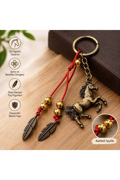 PİRAMİGO Horse Figured Luck and Power Keychain with Feather Detail Metal Bag Ornament Gift Accessory