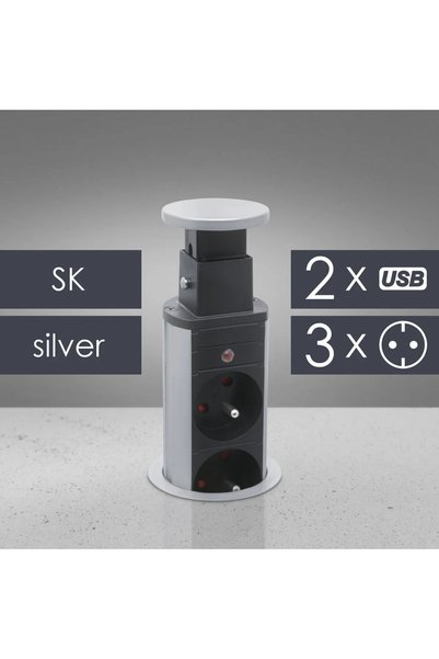 DELIGHT Priza incastrabila birou, 3 prize, 2 USB, 3500W, argintiu, pop up, 230V
