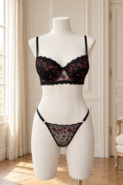 Loveria Black Red Embroidered Padded Bra and Panty Set