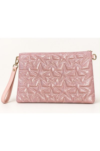 CLUTCH Women's Silver Star Patterned Quilted Bag and Card Holder Set, Evening Dress Clutch Bag with Gold Chain Strap, Black Silver Champagne Gold Powder Color Options Combination Set with Bracelet Gift