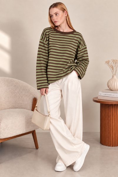 Gülce moda Kadın Kahverengi Yeşil Oversize Çizgili Triko Kazak
