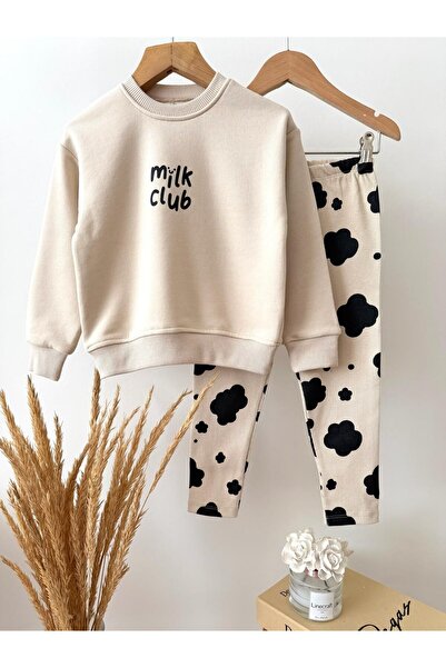 Magu Girl's Cotton Milk Club Printed Ecru Sweatshirt and Patterned Leggings Set
