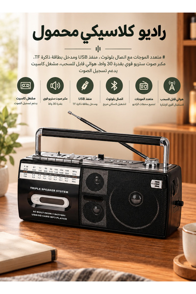 Cady One راديو محمول كلاسيكي متعدد الموجات مع اتصال بلوتوث، منفذ USB ومدخل بط...