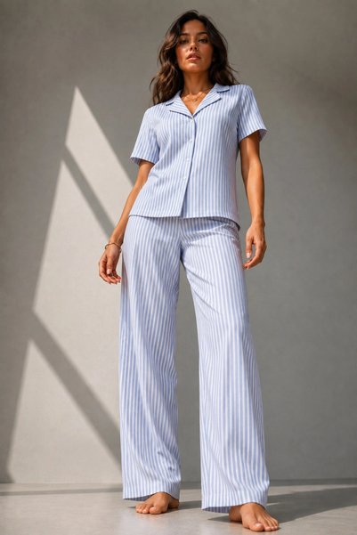 bysocafashion Women's Blue Classic Buttoned Pajama Set