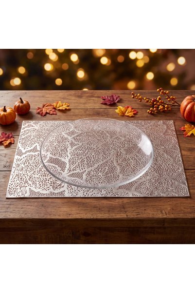 Bewello Suport farfurie decorativ cu model frunze, PVC, 45 x 30 cm, argintiu