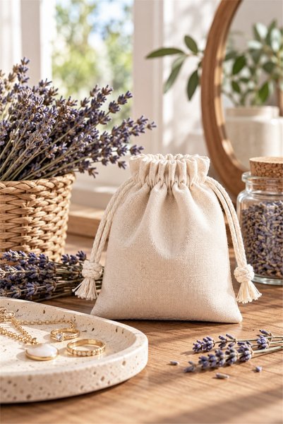 cotton maison Natural Cotton 7X10 cm Cloth Pouch 10 Pieces – Drawstring Multi-Purpose Gift, Kitchen and Storage Pouch
