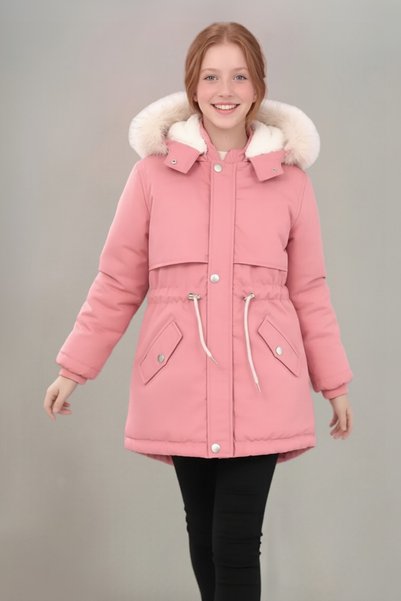 TheJOJODesign Girl's Winter Parka Coat with Fur Hood and Drawstring Waist, Canvas Fabric, Pink
