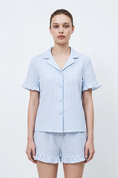 bysocafashion Women's Blue Ruffle Pajama Set