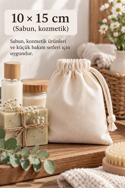 cotton maison Naturel Pamuklu 10x15 Cm Bez Kese 10 Lu – İpli Büzgülü Çok Amaçlı Hediye, Mutfak ve Saklama Kesesi
