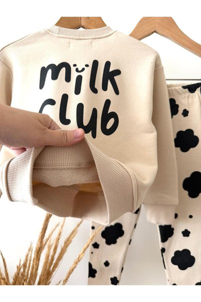 Magu Girl's Cotton Milk Club Printed Ecru Sweatshirt and Patterned Leggings Set