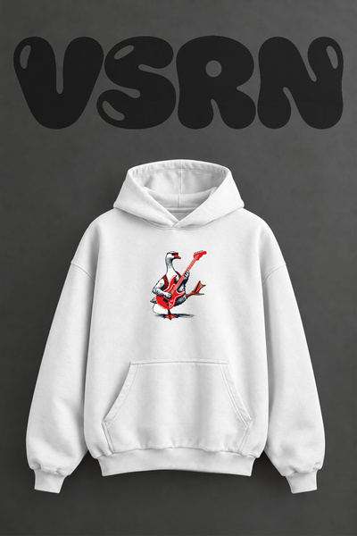 VSRN Rock Kaz Design Front Printed Oversize White Hooded Sweatshirt