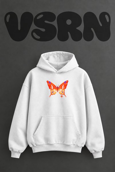 VSRN سويت شيرت أبيض كبير الحجم بقلنسوة وطباعة أمامية بتصميم فانتازي على شكل ف...