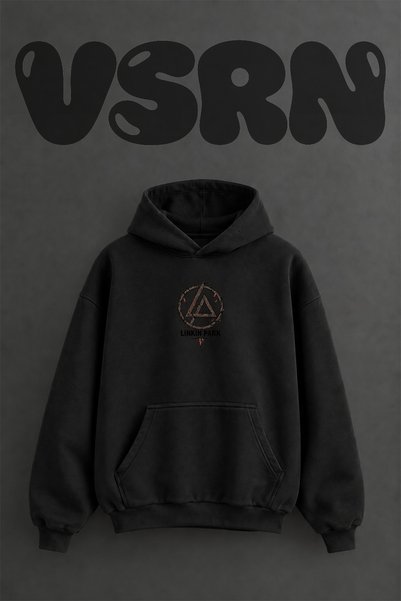 VSRN Linkin Park_4 Hanorac negru supradimensionat cu glugă și imprimeu frontal